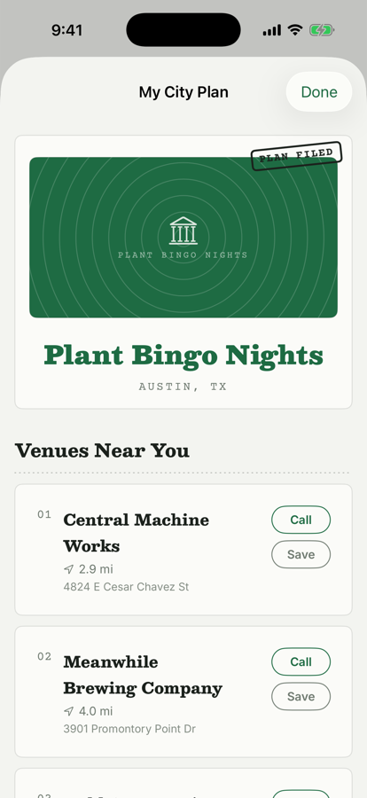 A generated city plan listing real local venues with addresses and distances