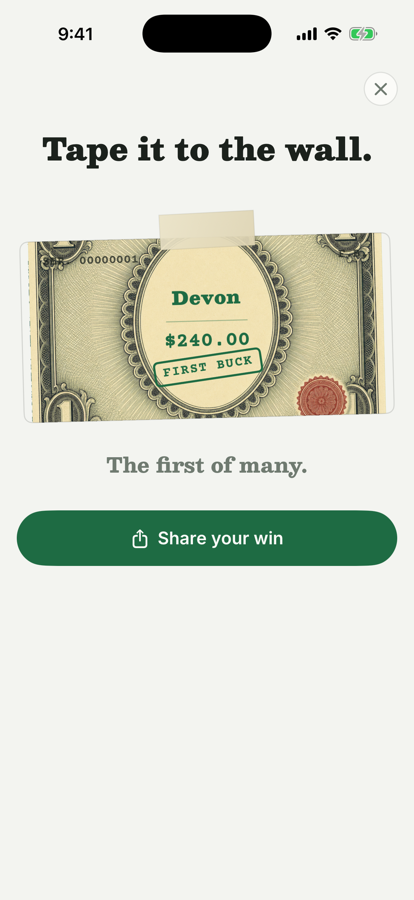 An engraved first-dollar share card with the user's name and a FIRST BUCK stamp
